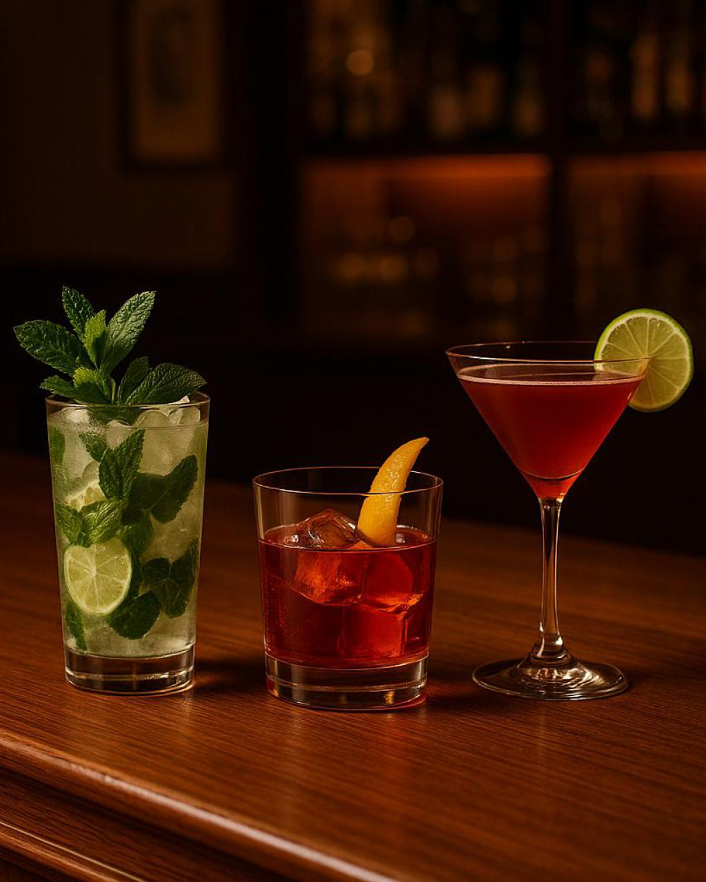 Mojito, Negroni und ein roter Cocktail im Coupé-Glas auf dem Bartresen