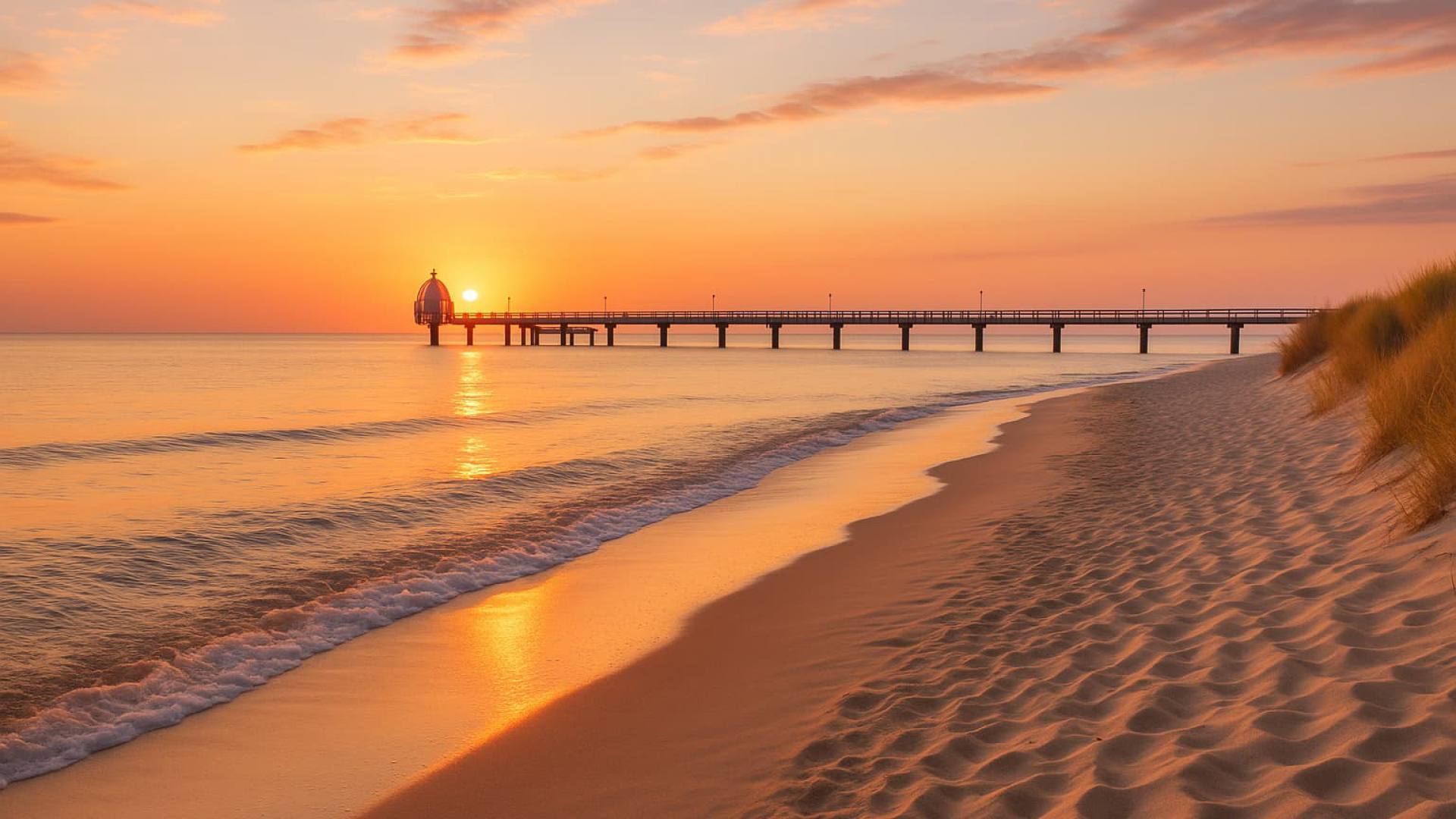 Strand von Zinnowitz mit Seebrücke im Abendlicht