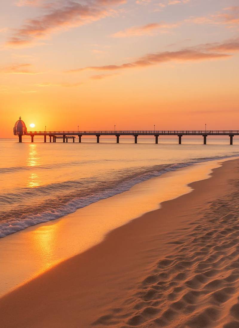 Strand von Zinnowitz mit Seebrücke im Abendlicht