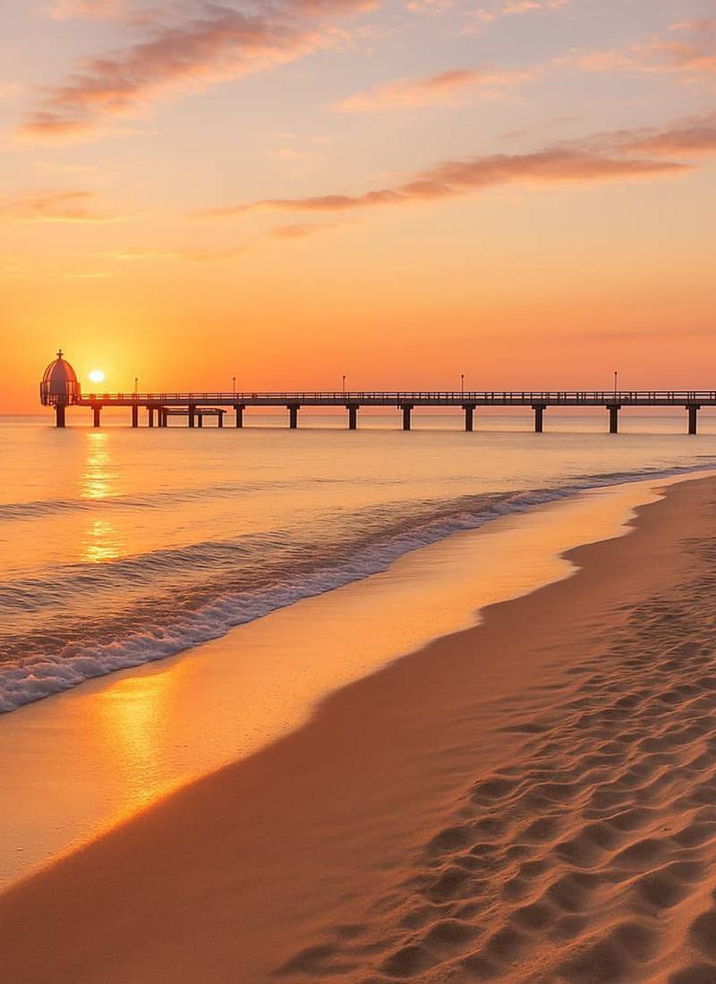 Strand von Zinnowitz mit Seebrücke im Abendlicht