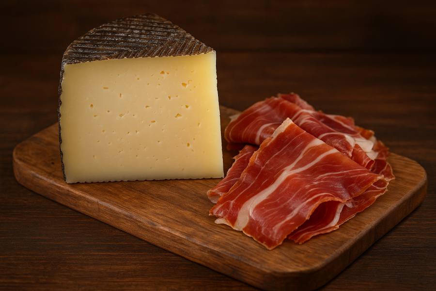 Manchego-Käse und Serrano-Schinken auf einem Holzbrett