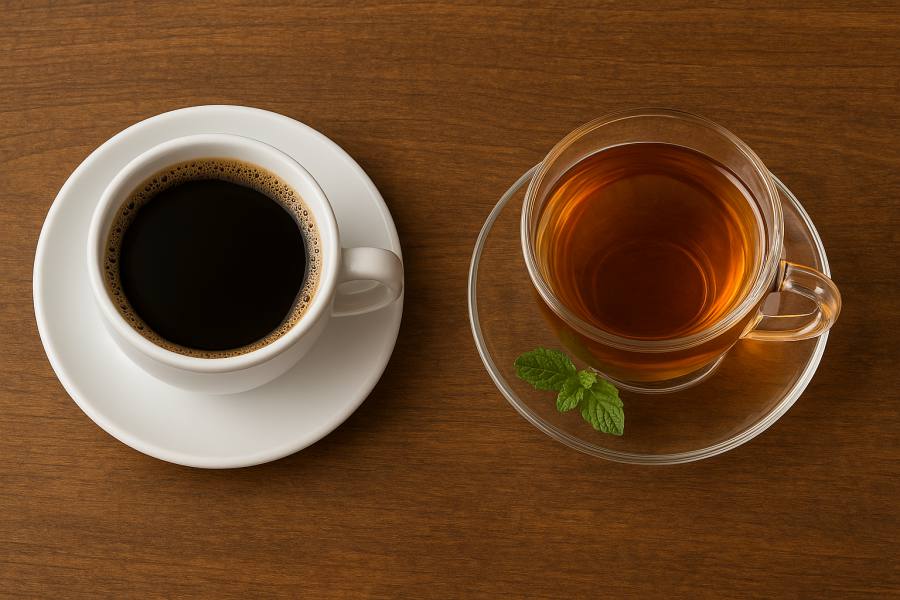 Tasse Filterkaffee und Glas Tee