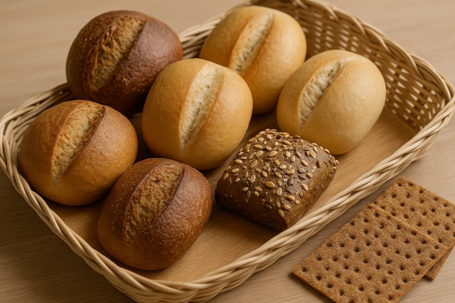 Brötchen, Körnerbrot und Knäckebrot im Korb