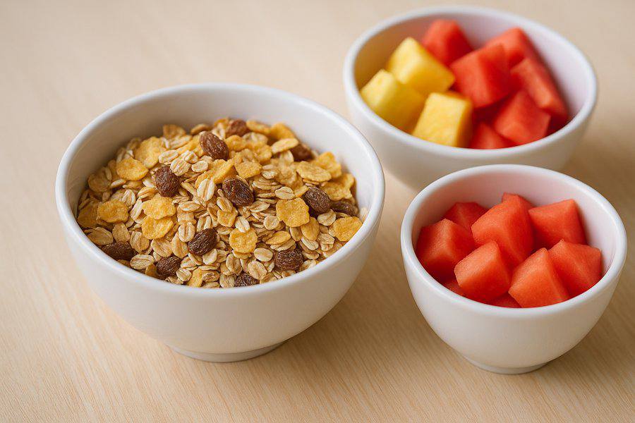 Müsli in einer Schale neben frisch geschnittener Melone und Ananas