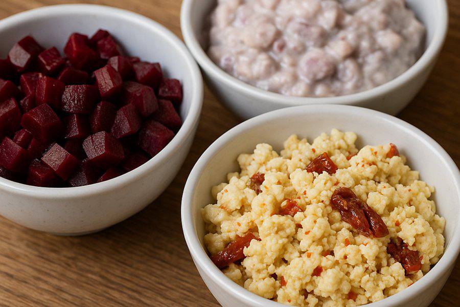 Hausgemachte Salate in Schalen, darunter Rote Bete