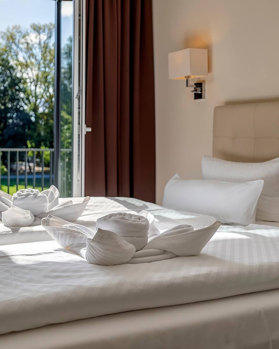 Helles Doppelzimmer mit Blick ins Grüne im Hotel am Kurpark Zinnowitz