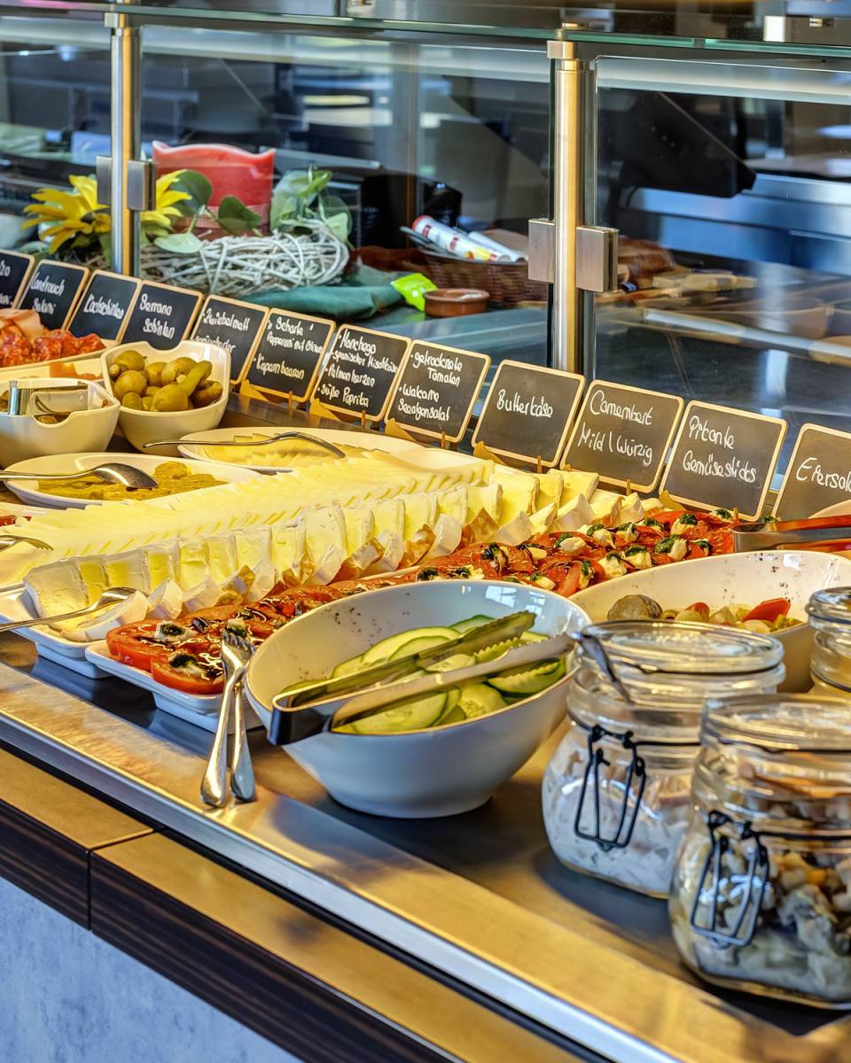 Frühstücksbuffet mit Käseauswahl, Tomate-Mozzarella und hausgemachten Salaten