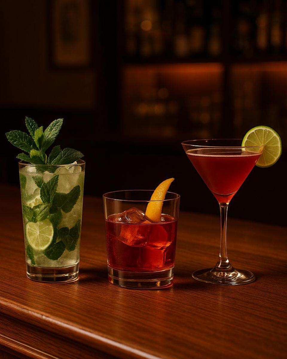 Mojito, Negroni und ein roter Cocktail im Coupé-Glas auf dem Bartresen